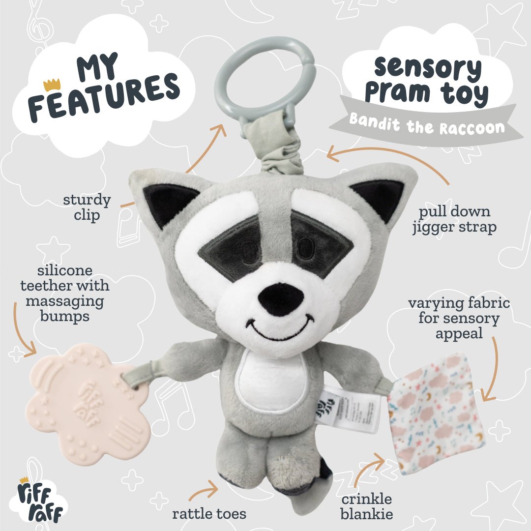 Racoon Riff Raff Sensory Pram Toy - Bandit The Raccoon – Riff Raff Baby AU