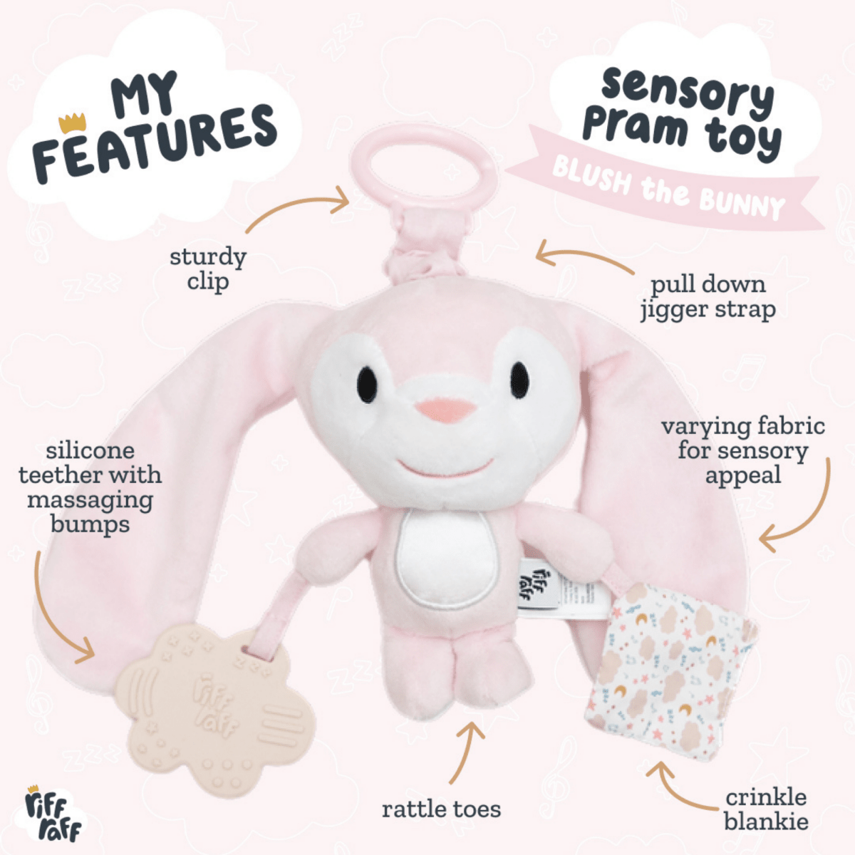 Sensory Pram Toy - Blush the Bunny - Riff Raff Baby AU